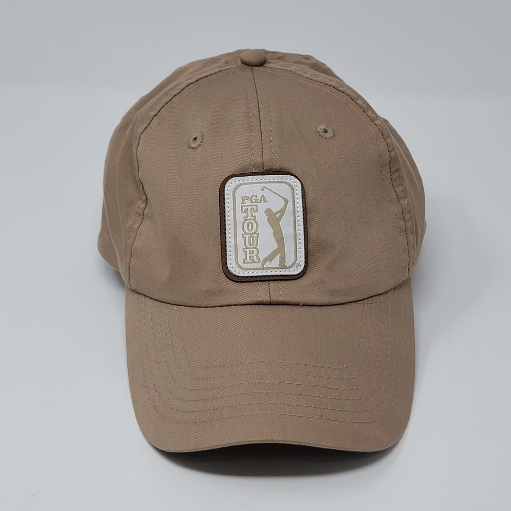 PGA Tour Logo Hat Cap Mens Khaki Beige Golf Adjustable Strap American Flag
